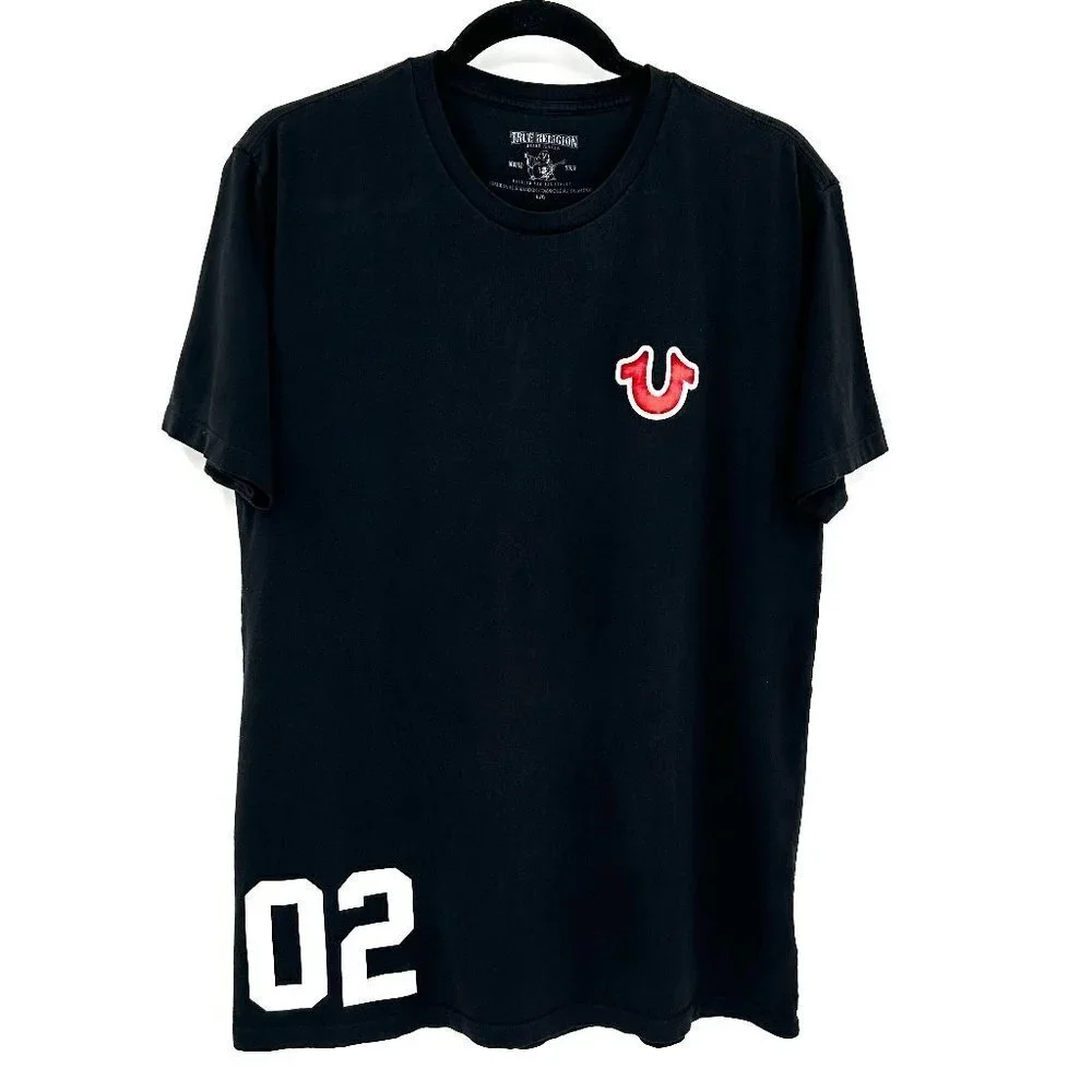 TRUE RELIGION Men's Basic Black Red Logo Graphic Print Cotton T-Shirt Size Large